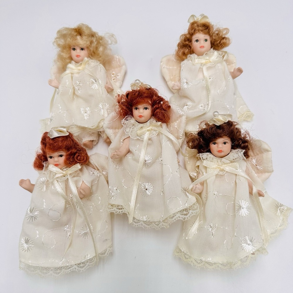 Lot of 5 Vintage 4" Delton Porcelain Angel Doll Christmas Ornaments Holiday